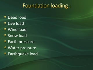 Dead load
Live load
Wind load
Snow load
Earth pressure
Water pressure
Earthquake load
 