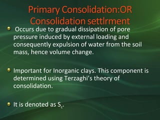 Occurs due to gradual dissipation of pore
pressure induced by external loading and
consequently expulsion of water from the soil
mass, hence volume change.

Important for Inorganic clays. This component is
determined using Terzaghi’s theory of
consolidation.

It is denoted as Sc.
 