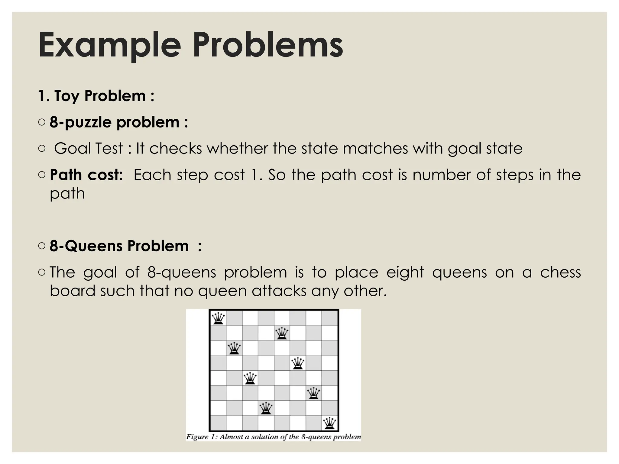 Example Problems
1. Toy Problem :
o 8-puzzle problem :
o Goal Test : It checks whether the state matches with goal state
o Path cost: Each step cost 1. So the path cost is number of steps in the
path
o 8-Queens Problem :
o The goal of 8-queens problem is to place eight queens on a chess
board such that no queen attacks any other.
 