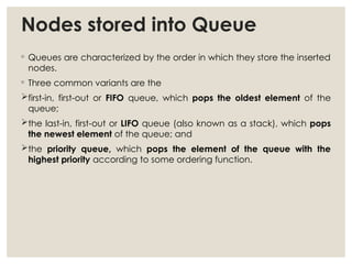 Nodes stored into Queue
◦ Queues are characterized by the order in which they store the inserted
nodes.
◦ Three common variants are the
first-in, first-out or FIFO queue, which pops the oldest element of the
queue;
the last-in, first-out or LIFO queue (also known as a stack), which pops
the newest element of the queue; and
the priority queue, which pops the element of the queue with the
highest priority according to some ordering function.
 