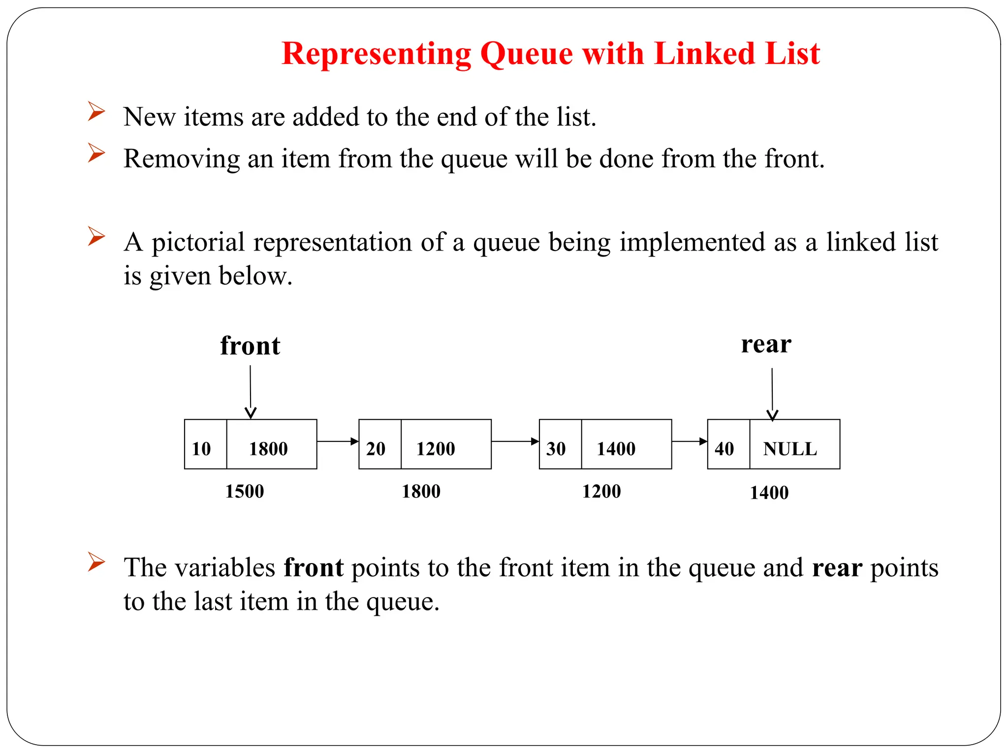  New items are added to the end of the list.
 Removing an item from the queue will be done from the front.
 A pictorial representation of a queue being implemented as a linked list
is given below.
 The variables front points to the front item in the queue and rear points
to the last item in the queue.
Representing Queue with Linked List
10 1800 20 1200 30 1400 40 NULL
1500 1800 1200 1400
front rear
 