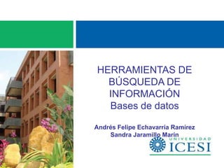 HERRAMIENTAS DE
  BÚSQUEDA DE
  INFORMACIÓN
  Bases de datos

Andrés Felipe Echavarría Ramírez
    Sandra Jaramillo Marín
 
