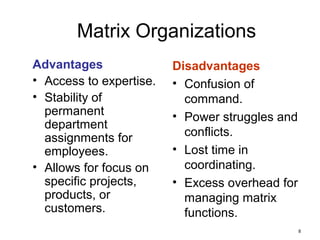 8
Matrix Organizations
Advantages
• Access to expertise.
• Stability of
permanent
department
assignments for
employees.
• Allows for focus on
specific projects,
products, or
customers.
Disadvantages
• Confusion of
command.
• Power struggles and
conflicts.
• Lost time in
coordinating.
• Excess overhead for
managing matrix
functions.
 
