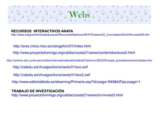 WebsWebs
RECURSOS INTERACTIVOS ANAYA
http://www.ceipjuanherreraalcausa.es/Recursosdidacticos/SEXTO/datos/02_Cono/datos/05rdi/04/unidad04.htm
http://www.proyectohormiga.org/udidac/costa21/seres/contenidos/ecos0.html
TRABAJO DE INVESTIGACIÓN
http://www.proyectohormiga.org/udidac/costa21/seres/inv/invest3.html
http://centros.edu.xunta.es/contidos/internetenelaula/biosfera07/alumno/2ESO/Energia_ecosistemas/actividades.htm
http://catedu.es/chuegos/kono/sexto/t1/eco.swf
http://catedu.es/chuegos/kono/sexto/t1/eco2.swf
http://www.editorialteide.es/elearning/Primaria.asp?IdJuego=949&IdTipoJuego=1
http://ares.cnice.mec.es/ciengehi/c/01/index.html
 