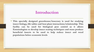 Introduction
• This specially designed greenhouse/insectary is used for studying
insect biology, life tables and host plant interactions/relationship. This
facility can be used for biological pest control as it allows
Entomologists to develop insect rearing techniques and mass produce
beneficial insects to be used to help reduce insect and weed
populations below economic levels
 
