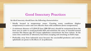 Good Insectary Practices
An ideal insectary should have the following characteristics:
• Ideally located in temperature zones. Creating warm conditions (higher
temperature) is easier and cost effective than cold conditions (lower temperature).
• A minimum distance of 0.20-0.25 kms (200-250 mtr.) should be maintained from the
farm area in order to avoid pesticidal drift and minimize the entry of harmful natural
enemies like Bracon spp. Or Corcyra cephalonica contaminate the host culture. At the
same time avoid risk of laboratory host from escaping and attacking on field crops.
• Preferably away from industrial areas because the coccinellid predators and certain
aphelinids are prone to ill-effects of air pollutants.
 