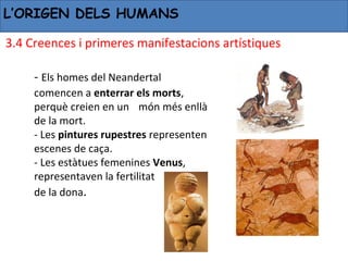 L’ORIGEN DELS HUMANS

3.4 Creences i primeres manifestacions artístiques

     - Els homes del Neandertal
     comencen a enterrar els morts,
     perquè creien en un món més enllà
     de la mort.
     - Les pintures rupestres representen
     escenes de caça.
     - Les estàtues femenines Venus,
     representaven la fertilitat
     de la dona.
 