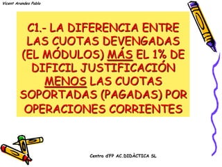 Vicent Arandes Pablo




          C1.- LA DIFERENCIA ENTRE
          LAS CUOTAS DEVENGADAS
         (EL MÓDULOS) MÁS EL 1% DE
           DIFICIL JUSTIFICACIÓN
              MENOS LAS CUOTAS
         SOPORTADAS (PAGADAS) POR
         OPERACIONES CORRIENTES


                       Centro d’FP AC.DIDÀCTICA SL
 