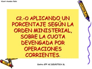 Vicent Arandes Pablo




                   C2.-O APLICANDO UN
             PORCENTAJE SEGÚN LA
              ORDEN MINISTERIAL,
                SOBRE LA CUOTA
                DEVENGADA POR
                 OPERACIONES
                 CORRIENTES.
                          Centro d’FP AC.DIDÀCTICA SL
 