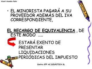 Vicent Arandes Pablo




       • EL MINORISTA PAGARÁ A SU
         PROVEEDOR ADEMÁS DEL IVA
         CORRESPONDIENTE,

       EL RECARGO DE EQUIVALENCIA , DE
        ESTE MODO …..
            ESTARÁ EXENTO DE
            PRESENTAR
            LIQUIDACIONES
            PERIÓDICAS DEL IMPUESTO
                       Centro d’FP AC.DIDÀCTICA SL
 