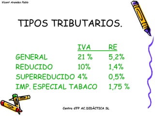 Vicent Arandes Pablo




           TIPOS TRIBUTARIOS.

                          IVA                    RE
          GENERAL         21 %                   5,2%
          REDUCIDO        10%                    1,4%
          SUPERREDUCIDO 4%                       0,5%
          IMP. ESPECIAL TABACO                   1,75 %

                       Centro d’FP AC.DIDÀCTICA SL
 