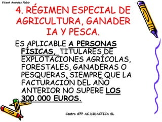 Vicent Arandes Pablo


          4. RÉGIMEN ESPECIAL DE
               AGRICULTURA,
            GANADERIA Y PESCA.
         ES APLICABLE A PERSONAS
          FÍSICAS, TITULARES DE
          EXPLOTACIONES AGRÍCOLAS,
          FORESTALES, GANADERAS O
          PESQUERAS, SIEMPRE QUE LA
          FACTURACIÓN DEL AÑO
          ANTERIOR NO SUPERE LOS
          300.000 EUROS.
                       Centro d’FP AC.DIDÀCTICA SL
 