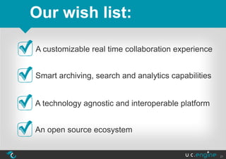 Our wish list:

A customizable real time collaboration experience


Smart archiving, search and analytics capabilities


A technology agnostic and interoperable platform


An open source ecosystem


                                                     21
 