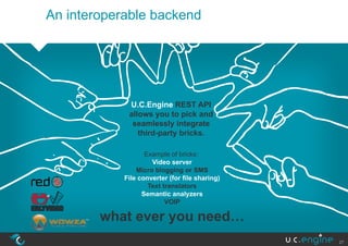 An interoperable backend




             U.C.Engine REST API
             allows you to pick and
              seamlessly integrate
                third-party bricks.

                   Example of bricks:
                     Video server
                Micro blogging or SMS
            File converter (for file sharing)
                    Text translators
                  Semantic analyzers
                          VOIP

        what ever you need…
                                                27
 
