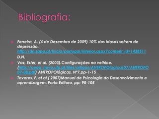 Para pensar….Vamos contrariar a realidade pré concebida sobre a velhice e pensar que um dia, inevitavelmente todos seremos idosos e que podemos e devemos contribuir para melhorar e enriquecer  esta etapa da vida que deve ser vivida na plenitude com o amor e o respeito de todos. Cabe-nos a nós escolher como queremos  terminar a nossa existência…Para ver e reflectir…http://www.youtube.com/watch?v=lh_DlzgghMI&feature=related