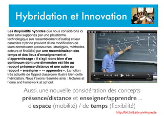 Aussi, une nouvelle considération des concepts
présence/distance et enseigner/apprendre ...
d’espace (mobilité) / de temps (ﬂexibilité)
Hybridation et Innovation
Les dispositifs hybrides que nous considérons ici
sont ainsi supportés par une plateforme
technologique (un rassemblement d’outils) et leur
caractère hybride provient d’une modiﬁcation de
leurs constituants (ressources, stratégies, méthodes,
acteurs et ﬁnalités) par une recombinaison des
temps et des lieux d’enseignement et
d’apprentissage : il s’agit donc bien d’un
continuum dont une dimension est liée au
rapport présence-distance et une autre au
rapport « enseigner » -« apprendre ». La notion
très actuelle de ﬂipped classroom illustre bien cette
hybridation. Nous l’avons résumée ainsi : lectures at
home and homework at school.
http://bit.ly/Lebrun-Impacts
 
