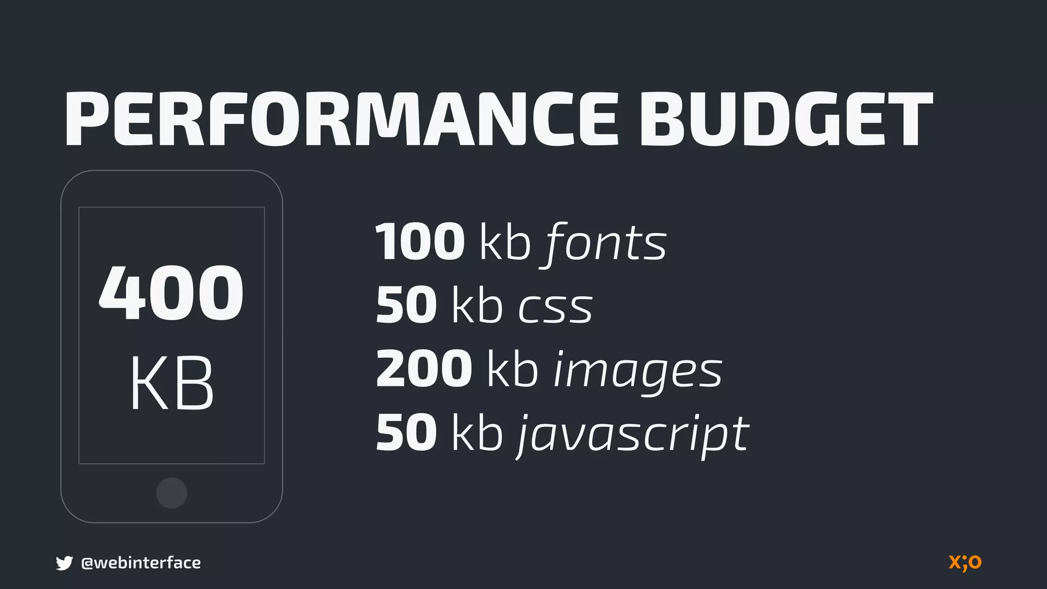 @webinterface
PERFORMANCE BUDGET
400  
KB
100 kb fonts
50 kb css
200 kb images
50 kb javascript
 