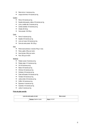 •      Rabo de toro: 4 raciones por kg.
     •      Lengua de ternera: 4-6 raciones por kg.

Cordero:
     •      Pierna: 6-8 raciones por kg.
     •      Espalda deshuesada y rellena: 6-8 raciones por kg.
     •      Lomo y costillar alto: 6 raciones por kg.
     •      Cordero estofado: 4-6 raciones por kg.
     •      Chuleta: 90-120 gr.
     •      Carne picada: 120-180 gr.

Cerdo:
     •      Pierna: 8 raciones por kg.
     •      Espalda: 6-8 raciones por kg.
     •      Lomo con hueso: 6-8 raciones por kg.
     •      Carne de cerdo picada: 180- 250 gr.

Aves:
     •      Pollo de seis semanas: 2 raciones 750 gr (1 ave).
     •      Patos y gallos: 360 gr por ración.
     •      Aves hervidas: 360 gr por ración.
     •      Pavo: 250 gr por ración.

Verduras:
     •      Patatas nuevas: 8 raciones por kg.
     •      Patatas viejas: 4- 6 raciones por kg.
     •      Col: 6-8 raciones por kg.
     •      Nabos: 6-8 raciones por kg.
     •      Chirivías: 6-8 raciones por kg.
     •      Colinabos: 6-8 raciones por kg.
     •      Coles de Bruselas: 6-8 raciones por kg.
     •      Tomates: 6-8 raciones por kg.
     •      Judías verdes: 6-8 raciones por kg.
     •      Coliflor: 6-8 raciones por kg.
     •      Espinacas: 4 raciones por kg.
     •      Guisantes: 4-6 raciones por kg.
     •      Judías: 6 raciones por kg.

Ficha de plato sencilla

                     Lomo de cerdo asado a la miel                                 Menú normal

                                  Técnicas: Asado en costra      Fecha: 23-10-07




                                                                                                 9
 