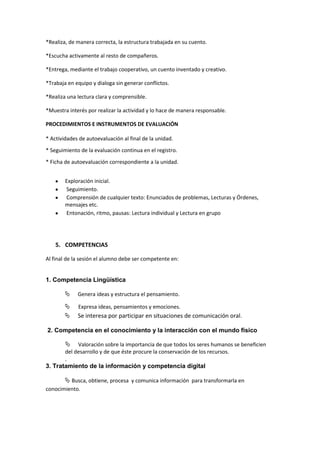 *Realiza, de manera correcta, la estructura trabajada en su cuento.

*Escucha activamente al resto de compañeros.

*Entrega, mediante el trabajo cooperativo, un cuento inventado y creativo.

*Trabaja en equipo y dialoga sin generar conflictos.

*Realiza una lectura clara y comprensible.

*Muestra interés por realizar la actividad y lo hace de manera responsable.

PROCEDIMIENTOS E INSTRUMENTOS DE EVALUACIÓN

* Actividades de autoevaluación al final de la unidad.
* Seguimiento de la evaluación continua en el registro.
* Ficha de autoevaluación correspondiente a la unidad.


        Exploración inicial.
        Seguimiento.
        Comprensión de cualquier texto: Enunciados de problemas, Lecturas y Órdenes,
        mensajes etc.
        Entonación, ritmo, pausas: Lectura individual y Lectura en grupo




    5. COMPETENCIAS

Al final de la sesión el alumno debe ser competente en:


1. Competencia Lingüística

         Genera ideas y estructura el pensamiento.

    Expresa ideas, pensamientos y emociones.
 Se interesa por participar en situaciones de comunicación oral.

2. Competencia en el conocimiento y la interacción con el mundo físico

        Valoración sobre la importancia de que todos los seres humanos se beneficien
       del desarrollo y de que éste procure la conservación de los recursos.
       .
3. Tratamiento de la información y competencia digital

        Busca, obtiene, procesa y comunica información para transformarla en
conocimiento.
 
