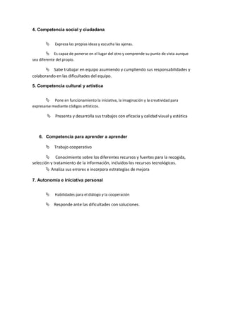 4. Competencia social y ciudadana
      

        Expresa las propias ideas y escucha las ajenas.

        Es capaz de ponerse en el lugar del otro y comprende su punto de vista aunque
sea diferente del propio.

       Sabe trabajar en equipo asumiendo y cumpliendo sus responsabilidades y
colaborando en las dificultades del equipo.

5. Competencia cultural y artística


        Pone en funcionamiento la iniciativa, la imaginación y la creatividad para
expresarse mediante códigos artísticos.

        Presenta y desarrolla sus trabajos con eficacia y calidad visual y estética



   6. Competencia para aprender a aprender

       Trabajo cooperativo

        Conocimiento sobre los diferentes recursos y fuentes para la recogida,
selección y tratamiento de la información, incluidos los recursos tecnológicos.
        Analiza sus errores e incorpora estrategias de mejora

7. Autonomía e iniciativa personal
      

        Habilidades para el diálogo y la cooperación

       Responde ante las dificultades con soluciones.
 