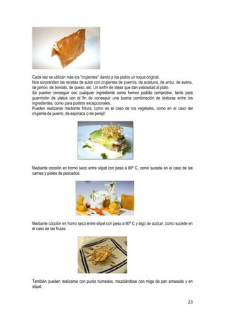 Cada vez se utilizan más los “crujientes” dando a los platos un toque original.
Nos sorprenden las recetas de autor con crujientes de puerros, de aceituna, de arroz, de avena,
de jamón, de boniato, de queso, etc. Un sinfín de ideas que dan vistosidad al plato.
Se pueden conseguir con cualquier ingrediente como hemos podido comprobar, tanto para
guarnición de platos con el fin de conseguir una buena combinación de texturas entre los
ingredientes, como para postres excepcionales.
Pueden realizarse mediante fritura, como es el caso de los vegetales, como en el caso del
crujiente de puerro, de espinaca o de perejil:




Mediante cocción en horno seco entre silpat con peso a 80º C, como sucede en el caso de las
carnes y pieles de pescados:




Mediante cocción en horno seco entre silpat con peso a 80º C y algo de azúcar, como sucede en
el caso de las frutas:




También pueden realizarse con purés húmedos, mezclándose con miga de pan amasada y en
silpat:


                                                                                            23
 