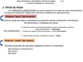 MODULO PROFESIONAL: MANTENIMIENTO Y MEJORA DE JARDINES.  U.D.4 4.1. CONCEPTO HERRAMIENTAS Y TIPOS DE PODA  2. TIPOS DE POD...