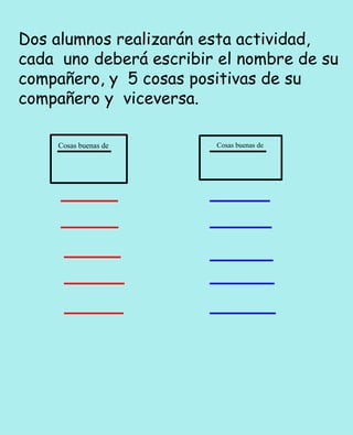 Dos alumnos realizarán esta actividad,
cada uno deberá escribir el nombre de su
compañero, y 5 cosas positivas de su
compañero y viceversa.

    Cosas buenas de     Cosas buenas de
 