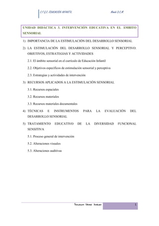 C.F.G.S. EDUCACIÓN INFANTIL.                              Módulo D.C.M.



UNIDAD DIDÁCTICA 3. INTERVENCIÓN EDUCATIVA EN EL ÁMBITO
SENSORIAL

1) IMPORTANCIA DE LA ESTIMULACIÓN DEL DESARROLLO SENSORIAL

2) LA ESTIMULACIÓN DEL DESARROLLO SENSORIAL Y PERCEPTIVO:
  OBJETIVOS, ESTRATEGIAS Y ACTIVIDADES

  2.1. El ámbito sensorial en el currículo de Educación Infantil

  2.2. Objetivos específicos de estimulación sensorial y perceptiva

  2.3. Estrategias y actividades de intervención

3) RECURSOS APLICADOS A LA ESTIMULACIÓN SENSORIAL

  3.1. Recursos espaciales

  3.2. Recursos materiales

  3.3. Recursos materiales documentales

4) TÉCNICAS       E    INSTRUMENTOS               PARA      LA      EVALUACIÓN        DEL
  DESARROLLO SENSORIAL

5) TRATAMIENTO          EDUCATIVO            DE     LA     DIVERSIDAD       FUNCIONAL
  SENSITIVA

  5.1. Proceso general de intervención

  5.2. Alteraciones visuales

  5.3. Alteraciones auditivas




                                           Fernando Gómez Jiménez                       1
 