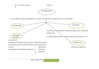 C.F.G.S. EDUCACIÓN INFANTIL.                               Módulo D.E.I.



                                                               LA GLOBALIZACIÓN




   Las actividades se presentan englobadas en un conjunto de actividades, conectadas entre sí por un hilo común.



         LOS RINCONES                                                                                                 LOS TALLERES



                                                                        Aprendizaje en pequeño grupo de una determinada técnica/ Se obtiene un
                                                                        producto final.
       LOS CENTROS
                                                                        Ej. Máscaras para el carnaval, el huerto, taller de barro, de plástica… etc.
       DE INTERÉS

-Ovide Decroly
Se organizan actividades en torno a temas de interés para los niños                                                     LOS PROYECTOS
Es la organización de contenidos en torno a un tema atractivo para
los niños.                                               -Observación                                               -William Heard Kilpatrick
A continuación se desarrollan actividades de             -Asociación
                                                         -Expresión




                                            Fernando Gómez Jiménez                         11
 