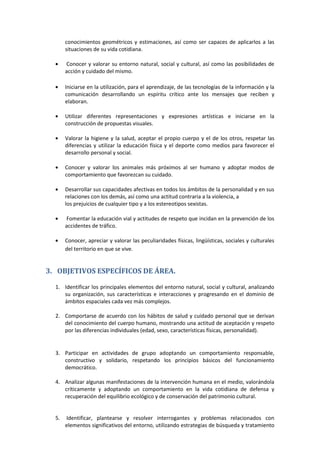 conocimientos geométricos y estimaciones, así como ser capaces de aplicarlos a las
situaciones de su vida cotidiana.
Conocer y valorar su entorno natural, social y cultural, así como las posibilidades de
acción y cuidado del mismo.
Iniciarse en la utilización, para el aprendizaje, de las tecnologías de la información y la
comunicación desarrollando un espíritu crítico ante los mensajes que reciben y
elaboran.
Utilizar diferentes representaciones y expresiones artísticas e iniciarse en la
construcción de propuestas visuales.
Valorar la higiene y la salud, aceptar el propio cuerpo y el de los otros, respetar las
diferencias y utilizar la educación física y el deporte como medios para favorecer el
desarrollo personal y social.
Conocer y valorar los animales más próximos al ser humano y adoptar modos de
comportamiento que favorezcan su cuidado.
Desarrollar sus capacidades afectivas en todos los ámbitos de la personalidad y en sus
relaciones con los demás, así como una actitud contraria a la violencia, a
los prejuicios de cualquier tipo y a los estereotipos sexistas.
Fomentar la educación vial y actitudes de respeto que incidan en la prevención de los
accidentes de tráfico.
Conocer, apreciar y valorar las peculiaridades físicas, lingüísticas, sociales y culturales
del territorio en que se vive.
3. OBJETIVOS ESPECÍFICOS DE ÁREA.
1. Identificar los principales elementos del entorno natural, social y cultural, analizando
su organización, sus características e interacciones y progresando en el dominio de
ámbitos espaciales cada vez más complejos.
2. Comportarse de acuerdo con los hábitos de salud y cuidado personal que se derivan
del conocimiento del cuerpo humano, mostrando una actitud de aceptación y respeto
por las diferencias individuales (edad, sexo, características físicas, personalidad).
3. Participar en actividades de grupo adoptando un comportamiento responsable,
constructivo y solidario, respetando los principios básicos del funcionamiento
democrático.
4. Analizar algunas manifestaciones de la intervención humana en el medio, valorándola
críticamente y adoptando un comportamiento en la vida cotidiana de defensa y
recuperación del equilibrio ecológico y de conservación del patrimonio cultural.
5. Identificar, plantearse y resolver interrogantes y problemas relacionados con
elementos significativos del entorno, utilizando estrategias de búsqueda y tratamiento
 
