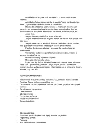 - Actividades de lenguaje oral: vocabulario, poemas, adivinanzas,
retahílas.
- Actividades Psicomotrices: cantar la canción “como planta usted las
flores”, jugar al juego de la silla, cantar el chu-chuwa
- Hábitos de autocontrol y convivencia: se reforzaran mientras van
haciendo sus tareas rutinarias y tareas de clase, aprendiendo a decir sin
enfadarse lo que le molesta, a respetar a los demás, a ser solidarios, etc,
- Juego libre.
- Juegos de manipulación fina: ensartables, etc
- Juegos de seriaciones: de mayor a menor, los dibujos más gordos a los
más finos.
- Juegos de secuencia temporal: ficha del crecimiento de las plantas,
para que vallan colocando las fotos según suceda en la vida real
- Puzzles: de números, plantas y animales. Se pueden hacer en
ordenadores.
- Canciones y audiciones: para las rutinas (buenos días, días de la
semana, cumpleaños, etc
- Dramatizaciones y expresión corporal.
- Recogida del material y salida.
- Inglés para 4 y 5 años: introducirles expresiones que van a utilizar en
clase: Can I gotothetoilet, please?, Canyoureapet, please? Blackboard,
children, teacher, y algunos conceptos relacinoados con la primavera: flowers,
animals, dog, cats, etc.
RECURSOS MATERIALES:
- Instrumentos de cuerda viento y percusión, CD, cintas de música variada.
- Regletas, Bloque lógicos, ensartables, etc.
- Cartulinas de colores, papeles de revistas, periódicos, papel de seda, papel
continuo.
- Cartulinas con los números.
- Cinta adhesiva.
- Objetos sonoros.
- Cochecitos, Muñecos.
- Piezas de Construcción
- Juegos didácticos.
- Objetos redondos.
- Punzones, tijeras, témpera azul, roja y amarilla, pegamento.
- Pegatinas y gomets.
- Papelera.
- Aula de informática: ordenadores.
 