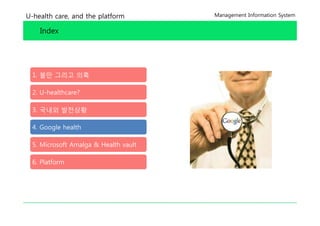 U-health care, and the platform        Management Information System


    Index




  1. 불만 그리고 의혹

  2. U-healthcare?

  3. 국내외 발전상황
         발 상황

  4. Google health

  5. Microsoft Amalga & Health vault

  6. Platform
 