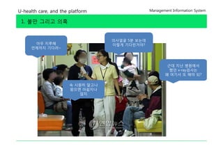 U-health care, and the platform                  Management Information System


 1. 불만 그리고 의혹


                                   의사얼굴 5분 보는데
      아우 지루해                       이렇게 기다린거야?
     언제까지 기다려~



                                                          근데 지난 병원에서
                                                           했던 x-ray검사는
                                                         왜 여기서 또 해야 되?

                       속 시원히 알고나
                       왔으면 아쉽지나
                           않지
 