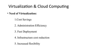 Virtualization & Cloud Computing
• Need of Virtualization:
1.Cost Savings
2. Administration Efficiency
3. Fast Deployment
4. Infrastructure cost reduction
5. Increased flexibility
 