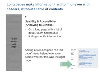 12
Long pages make information hard to find (even with
headers, without a table of contents
Really
really
long
page

Usab...