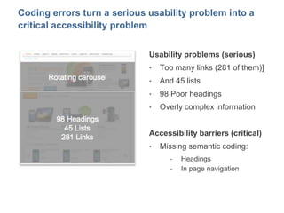 9
Coding errors turn a serious usability problem into a
critical accessibility problem
Usability problems (serious)
• Too ...