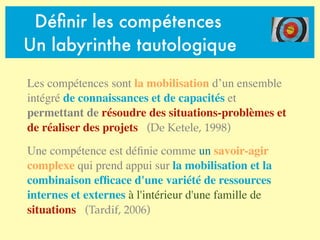 Déﬁnir les compétences
Un labyrinthe tautologique
Les compétences sont la mobilisation d’un ensemble
intégré de connaissances et de capacités et
permettant de résoudre des situations-problèmes et
de réaliser des projets (De Ketele, 1998)
Une compétence est déﬁnie comme un savoir-agir
complexe qui prend appui sur la mobilisation et la
combinaison efﬁcace d'une variété de ressources
internes et externes à l'intérieur d'une famille de
situations (Tardif, 2006)
 