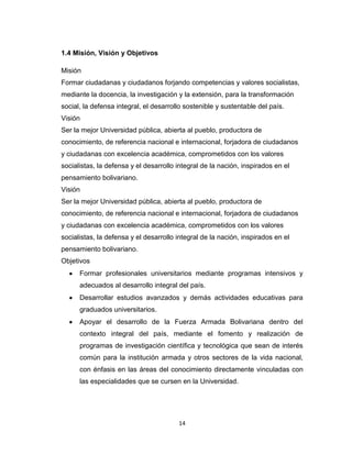 1.4 Misión, Visión y Objetivos

Misión
Formar ciudadanas y ciudadanos forjando competencias y valores socialistas,
mediante la docencia, la investigación y la extensión, para la transformación
social, la defensa integral, el desarrollo sostenible y sustentable del país.
Visión
Ser la mejor Universidad pública, abierta al pueblo, productora de
conocimiento, de referencia nacional e internacional, forjadora de ciudadanos
y ciudadanas con excelencia académica, comprometidos con los valores
socialistas, la defensa y el desarrollo integral de la nación, inspirados en el
pensamiento bolivariano.
Visión
Ser la mejor Universidad pública, abierta al pueblo, productora de
conocimiento, de referencia nacional e internacional, forjadora de ciudadanos
y ciudadanas con excelencia académica, comprometidos con los valores
socialistas, la defensa y el desarrollo integral de la nación, inspirados en el
pensamiento bolivariano.
Objetivos
      Formar profesionales universitarios mediante programas intensivos y
      adecuados al desarrollo integral del país.
      Desarrollar estudios avanzados y demás actividades educativas para
      graduados universitarios.
      Apoyar el desarrollo de la Fuerza Armada Bolivariana dentro del
      contexto integral del país, mediante el fomento y realización de
      programas de investigación científica y tecnológica que sean de interés
      común para la institución armada y otros sectores de la vida nacional,
      con énfasis en las áreas del conocimiento directamente vinculadas con
      las especialidades que se cursen en la Universidad.




                                        14
 