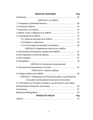 ÍNDICE DE CONTENIDO                                Pág.
Introducción……………………………………………………………………..                                 04
                          CAPITULO I: LA UNEFA
1.1 Perspectiva y Desarrollo Nacional……………………………………….                    06
1.2 Evolución Histórica………………………………………………………...                          07
1.3 expansión e innovación…………………………………………………...                         10
1.4 Misión, Visión y Objetivos de la UNEFA……………………………...…                14
1.5 Autoridades de la UNEFA………………………………………………...                         15
     1.5.1 Áreas de formación de la UNEFA……………………………….                   16
     1.5.2 Núcleos y extensiones……………………………………………                        18
     1.5.3 Curso integral de Nivelación Universitaria……………………..          20
          CAPITULO II: Reglamentos Internos de la UNEFA
2.1 De Admisión Permanencia y Egreso de la UNEFA…………………...               21
2.2 De Evaluación y Control de estudios…………………………………....                 35
2.3 De Transición………………………………………………………………                                37
2.4 Disciplinario………………………………………………………………...                              34
                 CAPITULO III: Normas de Comportamiento
3.1 Normas de Comportamiento en el Aula…………………………………                     45
                  CAPITULO IV: Valores Unefistas:
4.1 Código de Ética de la UNEFA……………………………………………                          50
    CAPITULO V: Participación en Proyectos Sociales y Ley del Servicio
           Comunitario del Estudiante de Educación Comunitaria.
5.1 Participación en Proyectos Sociales y Ley del Servicio Comunitario
del Estudiante de Educación Comunitaria……………………………….…                    52
Conclusiones……………………………………………………………………                                   57
Referencias Bibliográficas…………………………………………………….                          58
                        ÍNDICES DE TABLAS                                Pág.
Tabla 01…………………………………………………………………………                                     16




                                     3
 