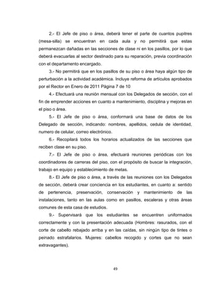 2.- El Jefe de piso o área, deberá tener el parte de cuantos pupitres
(mesa-silla) se encuentran en cada aula y no permitirá que estas
permanezcan dañadas en las secciones de clase ni en los pasillos, por lo que
deberá evacuarlas al sector destinado para su reparación, previa coordinación
con el departamento encargado.
     3.- No permitirá que en los pasillos de su piso o área haya algún tipo de
perturbación a la actividad académica. Incluye reforma de artículos aprobados
por el Rector en Enero de 2011 Página 7 de 10
     4.- Efectuará una reunión mensual con los Delegados de sección, con el
fin de emprender acciones en cuanto a mantenimiento, disciplina y mejoras en
el piso o área.
     5.- El Jefe de piso o área, conformará una base de datos de los
Delegado de sección, indicando: nombres, apellidos, cedula de identidad,
numero de celular, correo electrónico.
     6.- Recopilará todos los horarios actualizados de las secciones que
reciben clase en su piso.
     7.- El Jefe de piso o área, efectuará reuniones periódicas con los
coordinadores de carreras del piso, con el propósito de buscar la integración,
trabajo en equipo y establecimiento de metas.
     8.- El Jefe de piso o área, a través de las reuniones con los Delegados
de sección, deberá crear conciencia en los estudiantes, en cuanto a: sentido
de   pertenencia,   preservación,   conservación   y mantenimiento    de   las
instalaciones, tanto en las aulas como en pasillos, escaleras y otras áreas
comunes de esta casa de estudios.
     9.- Supervisará que los estudiantes se encuentren uniformados
correctamente y con la presentación adecuada (Hombres: rasurados, con el
corte de cabello rebajado arriba y en las caídas, sin ningún tipo de tintes o
peinado estrafalarios. Mujeres: cabellos recogido y cortes que no sean
extravagantes).




                                         49
 