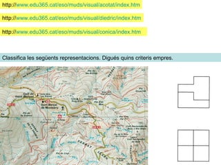 Classifica les següents representacions. Digués quins criteris empres.  http:// www.edu365.cat/eso/muds/visual/acotat/index.htm http:// www.edu365.cat/eso/muds/visual/diedric/index.htm http:// www.edu365.cat/eso/muds/visual/conica/index.htm 