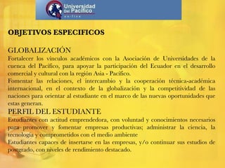 OBJETIVOS ESPECIFICOS GLOBALIZACIÓN Fortalecer los vínculos académicos con la Asociación de Universidades de la cuenca del Pacífico, para apoyar la participación del Ecuador en el desarrollo comercial y cultural con la región Asia - Pacífico. Fomentar las relaciones, el intercambio y la cooperación técnica-académica internacional, en el contexto de la globalización y la competitividad de las naciones para orientar al estudiante en el marco de las nuevas oportunidades que estas generan. PERFIL DEL ESTUDIANTE Estudiantes con actitud emprendedora, con voluntad y conocimientos necesarios para promover y fomentar empresas productivas; administrar la ciencia, la tecnología y comprometidos con el medio ambiente Estudiantes capaces de insertarse en las empresas, y/o continuar sus estudios de postgrado, con niveles de rendimiento destacado. 