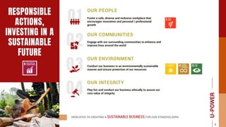 03
02
01
04
RESPONSIBLE
ACTIONS,
INVESTING IN A
SUSTAINABLE
FUTURE
OUR PEOPLE
Foster a safe, diverse and inclusive workplace that
encourages innovation and personal / professional
growth
OUR COMMUNITIES
Engage with our surrounding communities to enhance and
improve lives around the world
OUR ENVIRONMENT
Conduct our business in an environmentally sustainable
manner and ensure protection of our resources
OUR INTEGRITY
Play fair and conduct our business ethically to assure our
core value of integrity
DEDICATED TO CREATING A SUSTAINABLE BUSINESS FOR OUR STAKEHOLDERS
U-POWER
6
 