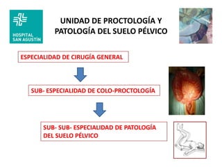 UNIDAD DE PROCTOLOGÍA Y
          PATOLOGÍA DEL SUELO PÉLVICO

ESPECIALIDAD DE CIRUGÍA GENERAL



   SUB- ESPECIALIDAD DE ...