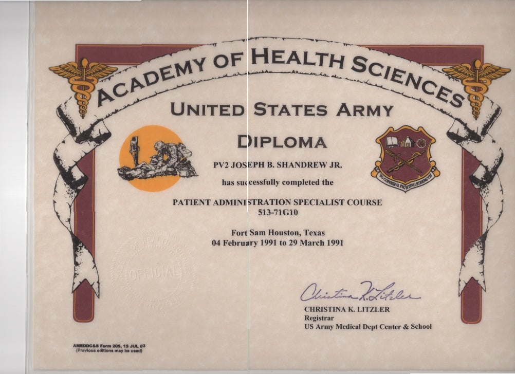 U. S. Army Patient Administration Specialist Diploma for J.B. Shandrew