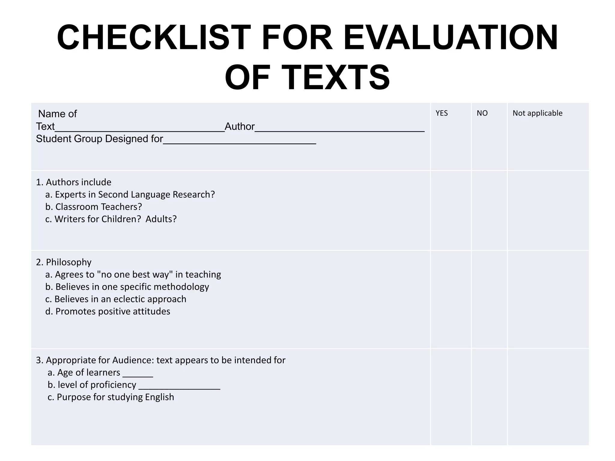 CHECKLIST FOR EVALUATION
            OF TEXTS
Name of                                                                  YES   NO   Not applicable
Text______________________________Author______________________________
Student Group Designed for___________________________



1. Authors include
   a. Experts in Second Language Research?
   b. Classroom Teachers?
   c. Writers for Children? Adults?



2. Philosophy
   a. Agrees to "no one best way" in teaching
   b. Believes in one specific methodology
   c. Believes in an eclectic approach
   d. Promotes positive attitudes



3. Appropriate for Audience: text appears to be intended for
   a. Age of learners ______
   b. level of proficiency ________________
   c. Purpose for studying English
 