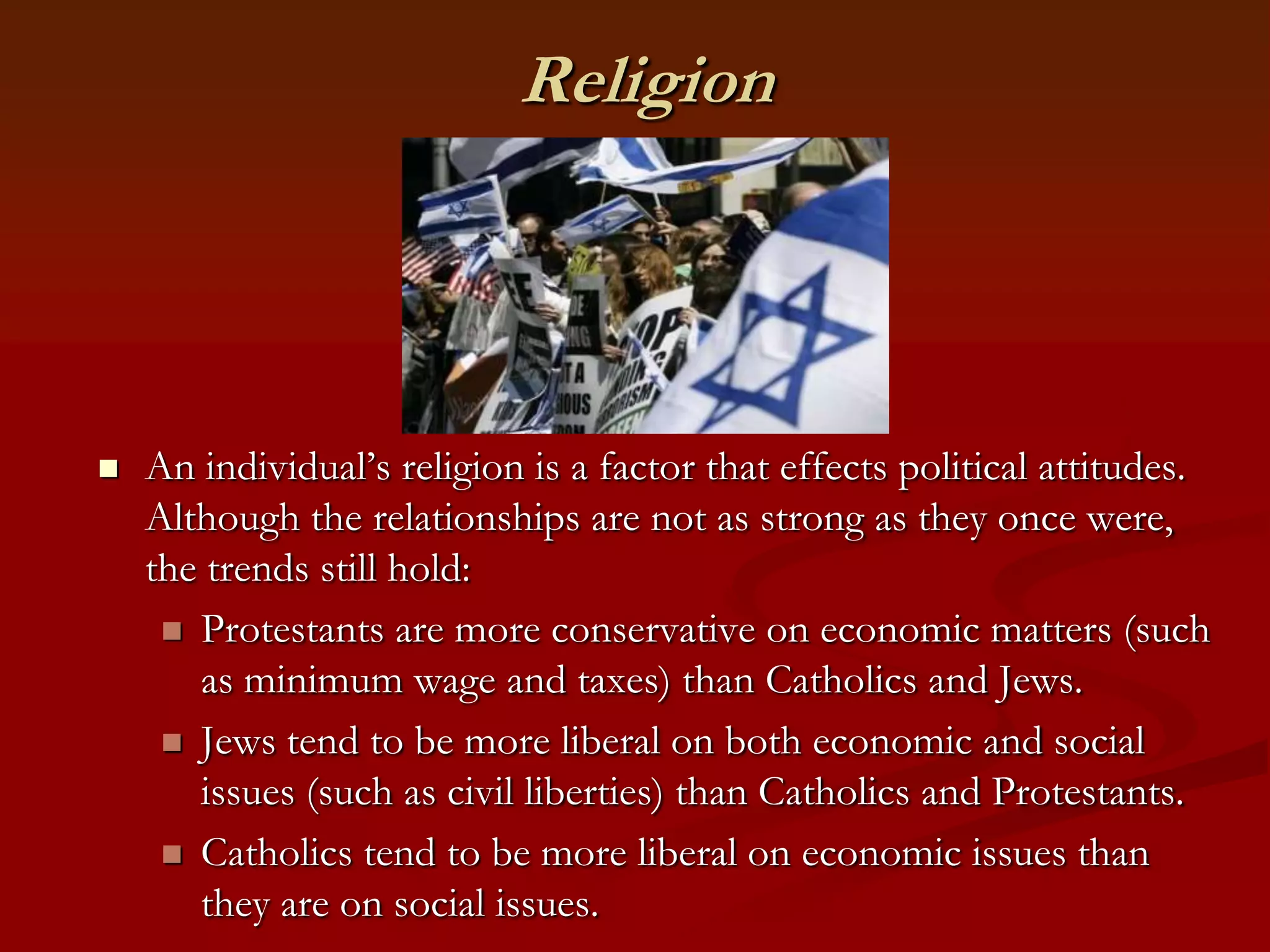 ReligionAn individual’s religion is a factor that effects political attitudes. Although the relationships are not as strong as they once were, the trends still hold:Protestants are more conservative on economic matters (such as minimum wage and taxes) than Catholics and Jews.Jews tend to be more liberal on both economic and social issues (such as civil liberties) than Catholics and Protestants.Catholics tend to be more liberal on economic issues than they are on social issues.