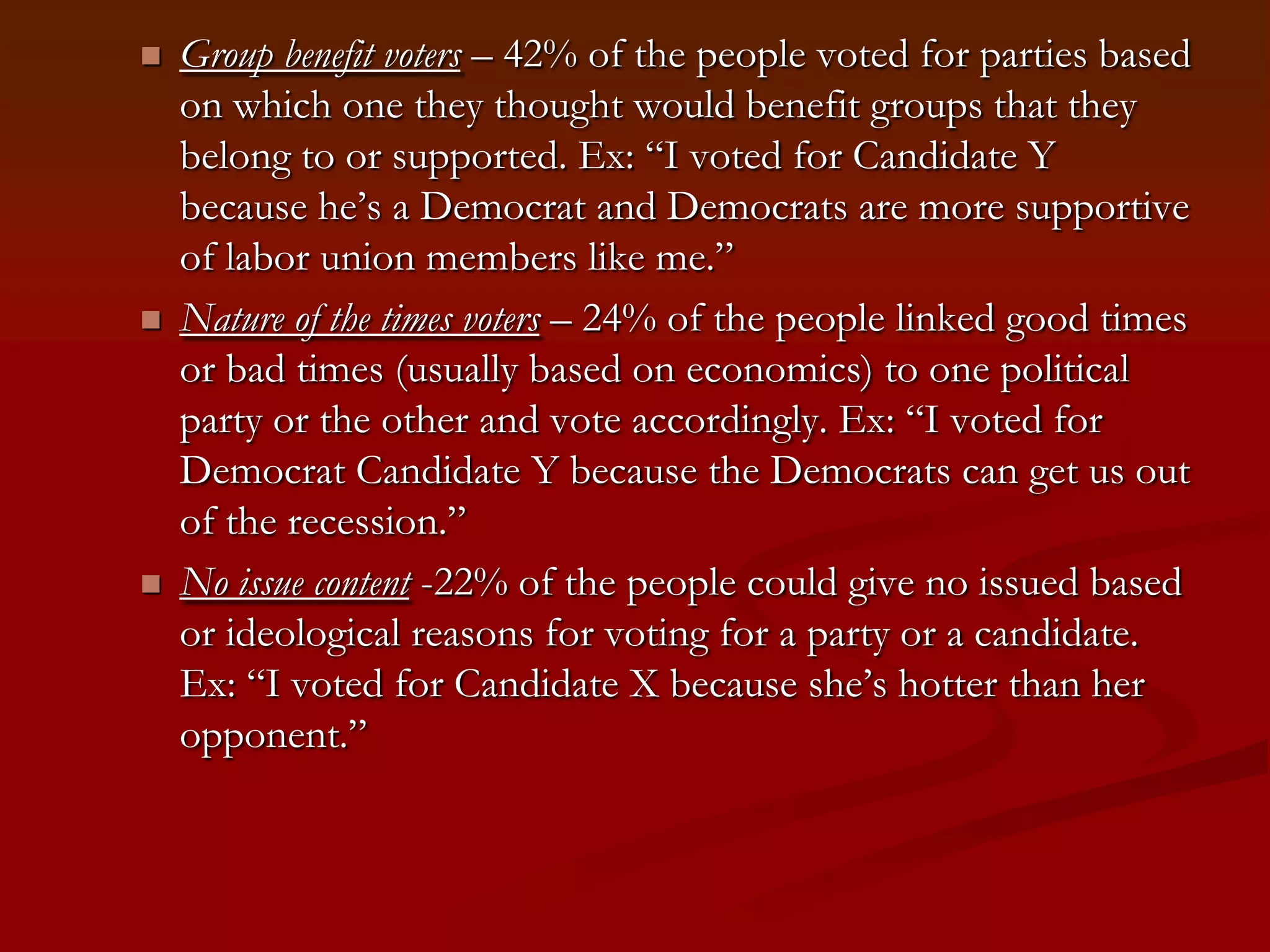 Group benefit voters – 42% of the people voted for parties based on which one they thought would benefit groups that they belong to or supported. Ex: “I voted for Candidate Y because he’s a Democrat and Democrats are more supportive of labor union members like me.” Nature of the times voters – 24% of the people linked good times or bad times (usually based on economics) to one political party or the other and vote accordingly. Ex: “I voted for Democrat Candidate Y because the Democrats can get us out of the recession.” No issue content -22% of the people could give no issued based or ideological reasons for voting for a party or a candidate. Ex: “I voted for Candidate X because she’s hotter than her opponent.” 