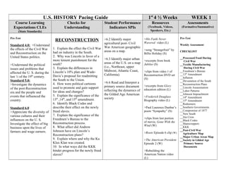 U.S. HISTORY Pacing Guide 1st
4 ½ Weeks WEEK 1
Course Learning
Expectations CLEs
(State Standards)
Checks for
Understanding
Student Performance
Indicators SPIs
Resources
(Textbook, Videos,
Speakers, Etc.)
Assessments
(Formative/Summative)
Pre-Test
Standard 4.0: >Understand
the effects of the Civil War
and Reconstruction on the
United States politics.
>Understand the political
issues and problems that
affected the U. S. during the
last ½ of the 19th
century.
Standard 5.0:
>Investigate the dynamics
of the post-Reconstruction
era and the people and
events that influenced the
country.
Standard 6.0
>Appreciate the diversity of
various cultures and their
influences on the U. S.
Investigate the effect of big
business upon the lives of
farmers and wage earners.
RECONSTRUCTION
1. Explain the effect the Civil War
had on industry in the South.
2. Why was Lincoln in favor of a
more lenient punishment for the
south?
3. Explain the differences in
Lincoln’s 10% plan and Wade-
Davis’s proposal for readmitting
the South to the Union.
4. How were political cartoons
used to promote and gain support
for ideas and changes?
5. Explain the significance of the
13th
,14th
, and 15th
amendment.
6. Identify Black Codes and
describe their effect on the newly
freed slaves.
7. Explain the significance of the
Freedmen’s Bureau to the
Reconstruction process.
8. What affect did Andrew
Johnson have on Lincoln’s
Reconstruction plans?
9. Explain where and why the Ku
Klux Klan was created.
10. In what ways did the KKK
hinder progress for the newly freed
slaves?
>6.2 Identify major
agricultural post- Civil
War American geographic
areas on a map.
>6.3 Identify major urban
areas of the U.S. on a map
(i.e., Northeast, upper
Midwest, Atlantic Coast,
California).
>6.6 Read and Interpret a
primary source document
reflecting the dynamics of
the Gilded Age American
society
>His Faith Never
Wavered video (L)
>song “Strangefruit” by
Billie Holiday (S)
>excerpts from book
Jubilee (S)
>clips from video 1 of
Reconstruction DVD set
(S)
>excerpts from Glory
education edition (L)
>Frederick Douglass
Biography video (L)
>Paul Laurence Dunbar’s
poem “Sympathy” (S)
>clips from last portion
of movie, Gone With the
Wind (W)
>Roots Episode 6 clip (W)
>The American President
Episode 2 (W)
>Rebuilding the
American Nation video
(L)
Pre-Test
Weekly Assessment
CHECKLIST
__Processed Food During
Civil War
__Textile Manufacturing
During Civil War
__Freedmen’s Bureau
__13th
Amendment
__Inflation
__Devastation of the South
__Reconstruction Plans
__Lincoln Assassination
__Labor Patterns
__Johnson Impeachment
__14th
Amendment
__15th
Amendment
__Redeemers
__Southern Governments
__Compromise of 1877
__New South
__Jim Crow
__Black Codes
__Sharecroppers
__KKK
__Post-Civil War
Agriculture Map
__Major Urban Areas Map
__Society in Gilded Age
Primary Source
Documents
 