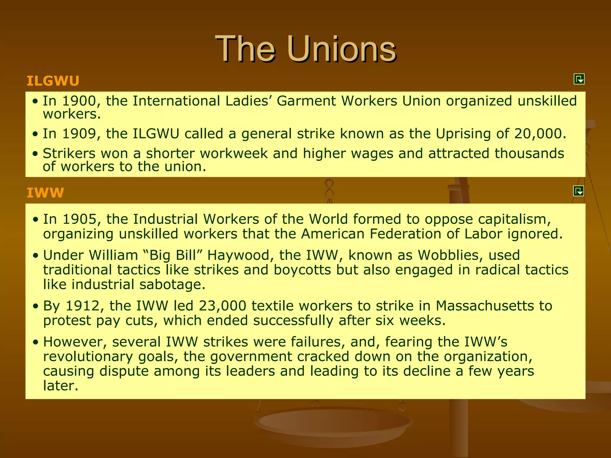 The Unions ILGWU IWW In 1900, the International Ladies’ Garment Workers Union organized unskilled workers. In 1909, the ILGWU called a general strike known as the Uprising of 20,000. Strikers won a shorter workweek and higher wages and attracted thousands of workers to the union. In 1905, the Industrial Workers of the World formed to oppose capitalism, organizing unskilled workers that the American Federation of Labor ignored. Under William “Big Bill” Haywood, the IWW, known as Wobblies, used traditional tactics like strikes and boycotts but also engaged in radical tactics like industrial sabotage. By 1912, the IWW led 23,000 textile workers to strike in Massachusetts to protest pay cuts, which ended successfully after six weeks. However, several IWW strikes were failures, and, fearing the IWW’s revolutionary goals, the government cracked down on the organization, causing dispute among its leaders and leading to its decline a few years later. 